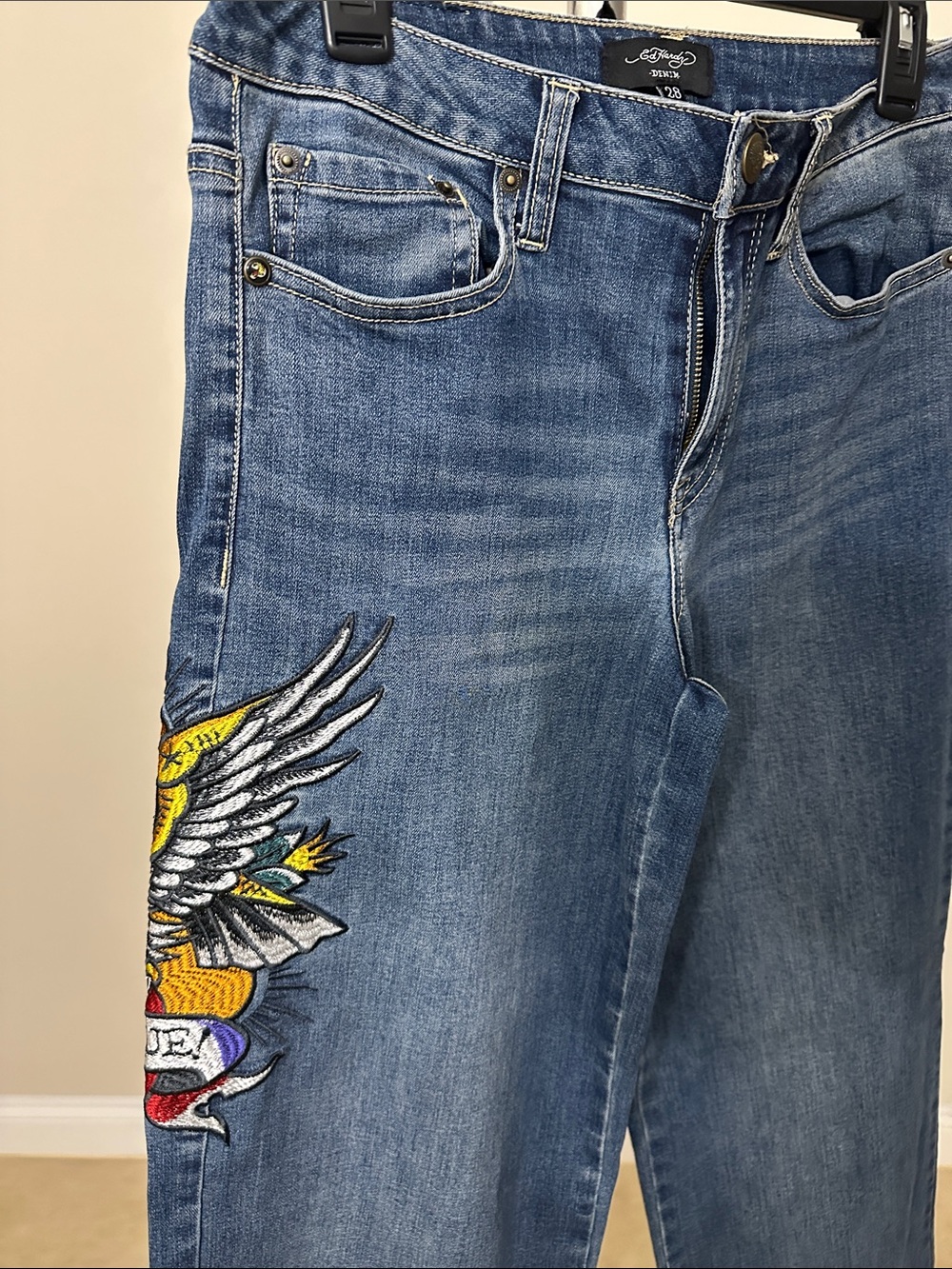 Ed Hardy Dark Blue Relaxed Straight-Leg Jeans with Embroidered Graphic - Picture 3 of 8